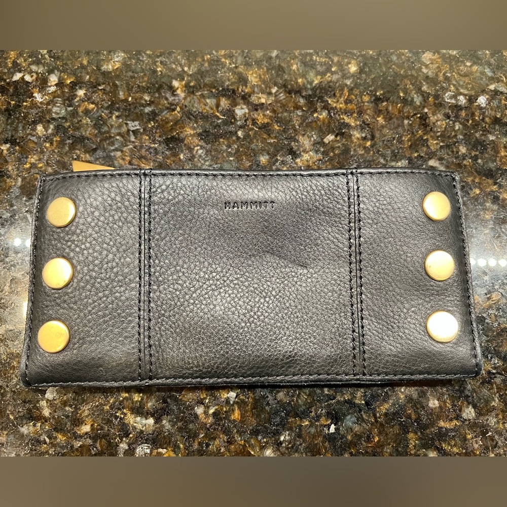 Hammitt Black Leather Card Holder with Gold Studs